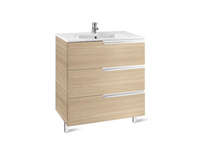 Mueble de baño base Roca Victoria-N Unik de tres cajones y lavabo 700 mm Roble texturizado