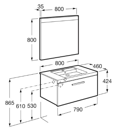 Mueble de baño Roca pack de PRISMA de un cajon 800mm Medidas